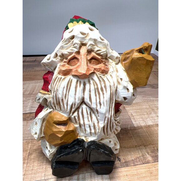 Hand-Carved Wooden Santa Claus Figurine Festive Red & White - Picture 1 of 4